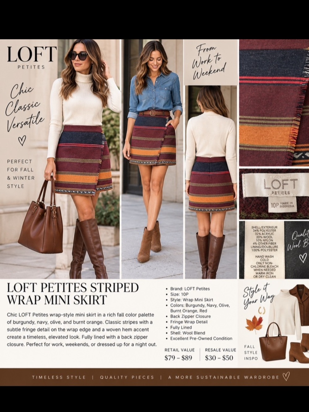 LOFT Petites 10P Wool Blend Southwestern Striped Fringe Wrap Skirt
